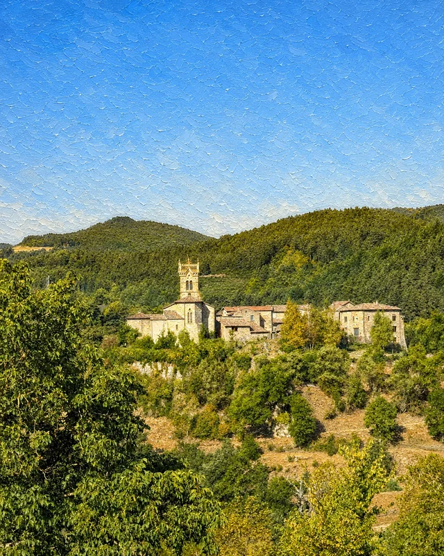 Borgo nel bosco · fotografia pittorica su tela, finita a mano in Provenza
